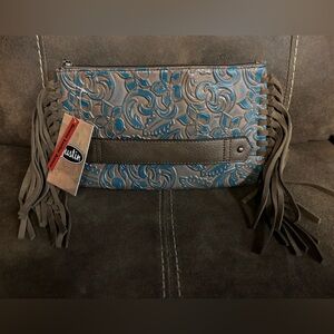 Nwt Justin Turquoise Washed Tooled Leather Clutch Wallet w/Fringe
